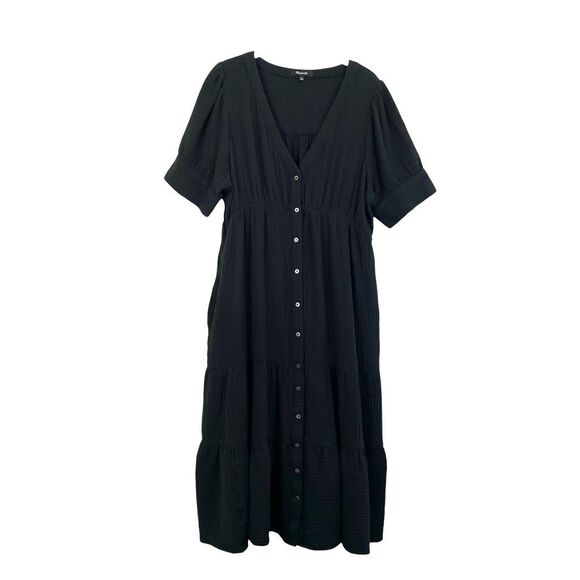 Madewell‎ Lightspun Button-Front Tiered Midi Dress Size 12 black gauze muslin - Picture 3 of 10